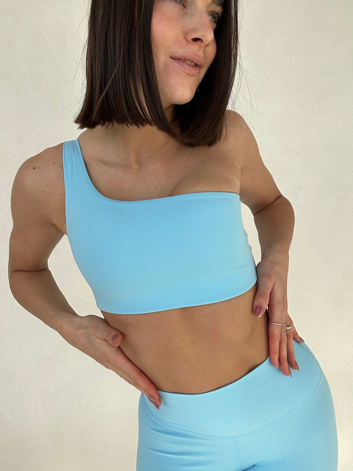 one shoulder yoga bra blue