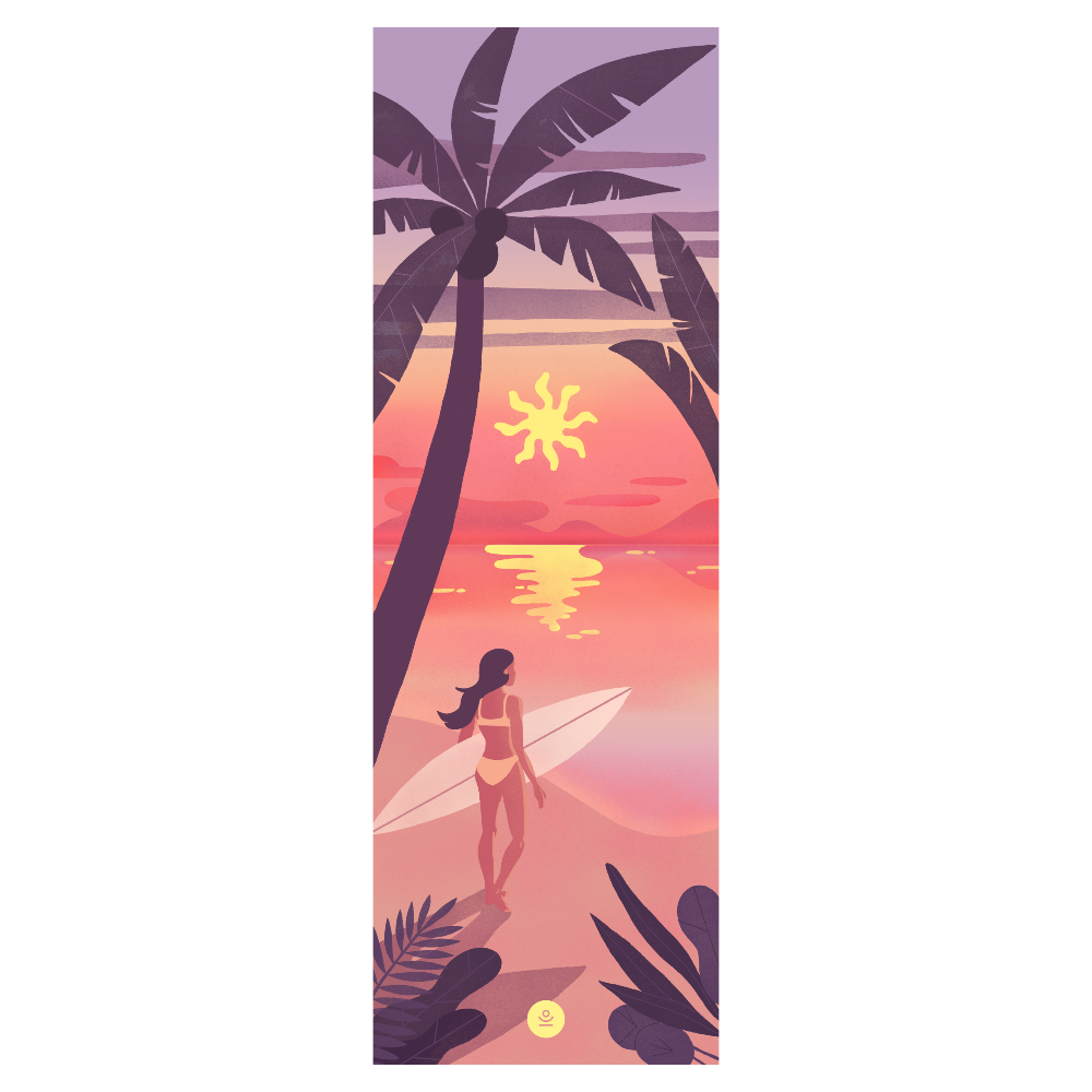 Yoga mat with a design of a woman holding a surfboard, palm trees, and a sunset.